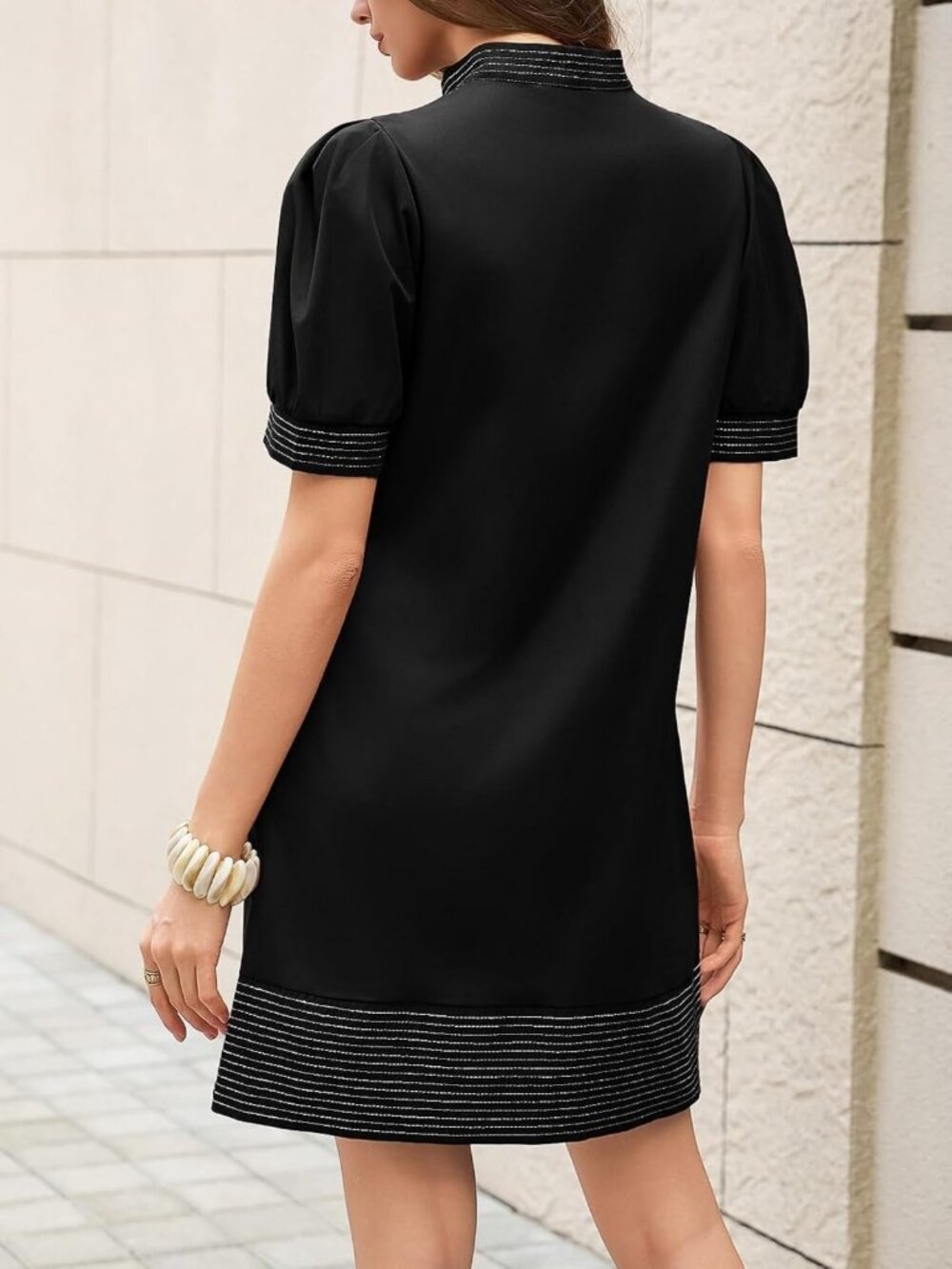 Boho Mini Shift Dress for Women | Summer V Neck Puff Short Sleeve Style - Picture 5 of 5